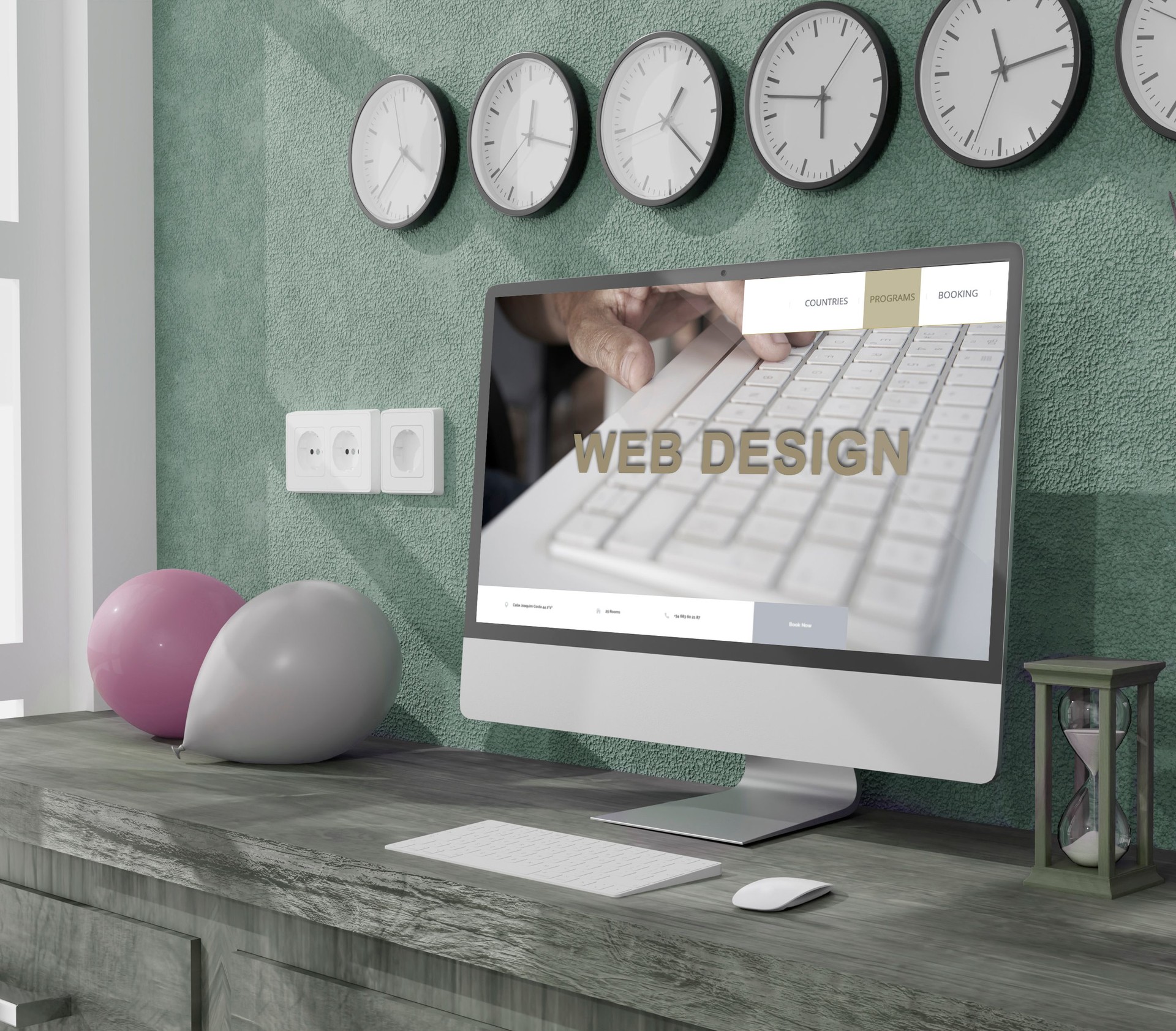 Workspace at home with a desktop computer 3d rendering mockup.Modern Web responsive concept . 3d illustration